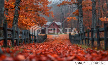 A red house surrounded by trees and leaves on a path, AI 113484975