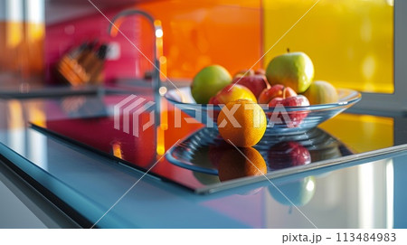 A bowl of fruit on a glass counter top with an orange, AI 113484983