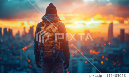 A man with a backpack standing on top of the city, AI 113485028