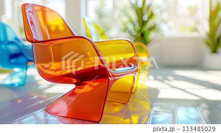 A colorful chairs are lined up in a row on the floor, AI 113485029
