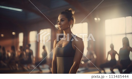 Athletic Woman Engaged in Yoga Stretching Class. Generative ai 113485444