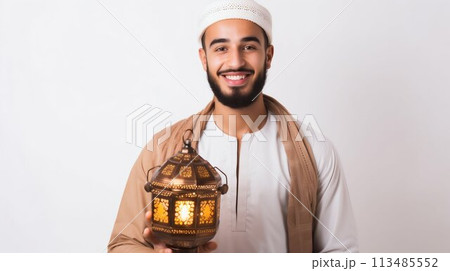 Eid Celebration: Smiling Man with Traditional Lantern. Generative ai 113485552