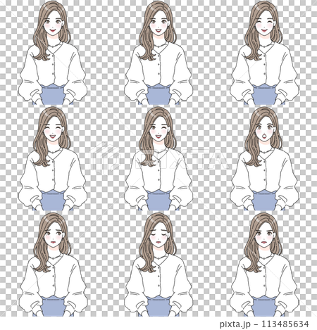 ロングヘアの綺麗な女性のイラストセット 113485634