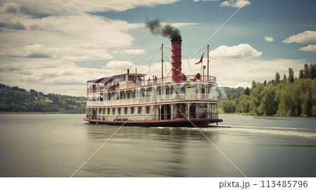 Vintage riverboat cruise offers historic travel on steamboats.AI Generated 113485796