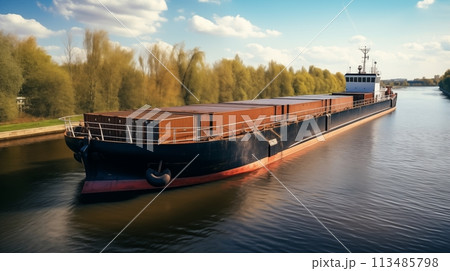 Inland waterway barge transports freight cargo efficiently.AI Generated 113485798