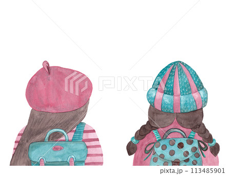 Beautiful portrait of female tourists with backpacks for lifestyle design. Back view. Two girls on a spring hike. Watercolor illustration. Isolated cartoon characters Beautiful portrait of female tourists with backpacks for lifestyle design. Back view. Two girls on a spring hike. Watercolor illustration. Isolated cartoon characters 113485901