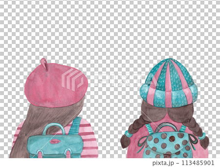 Beautiful portrait of female tourists with backpacks for lifestyle design. Back view. Two girls on a spring hike. Watercolor illustration. Isolated cartoon characters Beautiful portrait of female tourists with backpacks for lifestyle design. Back view. Two girls on a spring hike. Watercolor illustration. Isolated cartoon characters 113485901