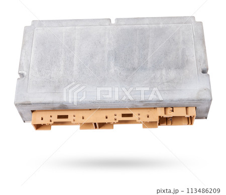 Plastic car engine control unit with metal elements on a white isolated background is the connecting center of various subsystems, units and assemblies. Monitoring the state of the moment. Spare part Plastic car engine control unit with metal elements on a white isolated background is the connecting center of various subsystems, units and assemblies. Monitoring the state of the moment. Spare part 113486209