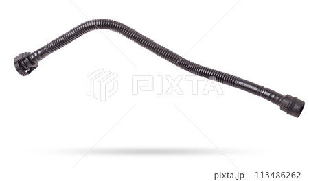 Black rubber hose of the car engine cooling system on a white isolated background in a photo studio for replacement during repair or for a catalog of spare parts for sale on auto disassembly. 113486262