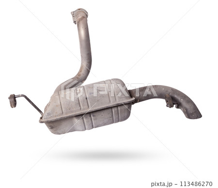 Car exhaust system on a white isolated background with a muffler for welding and car tuning. Catalog of spare parts. Car exhaust system on a white isolated background with a muffler for welding and car tuning. Catalog of spare parts. 113486270