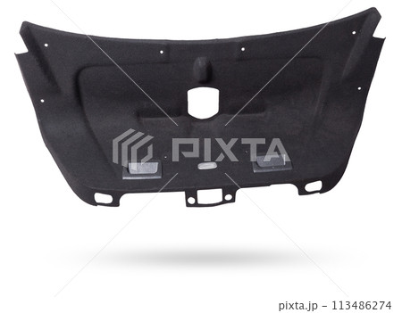 Sheathing of a car body part - trunk made of black fabrick material on a white isolated background in a photo studio for replacement or sale in a workshop. 113486274
