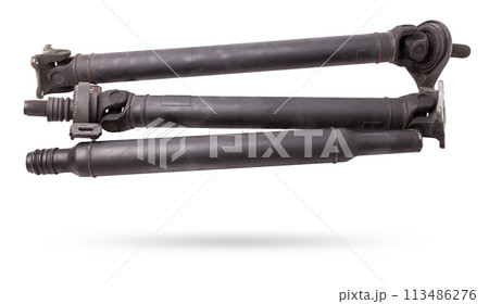 cardan shaft of a car with a steel rod, a sliding fork and an intermediate bearing for transmitting torque. Spare part for sale or replacement in a auto service. 113486276