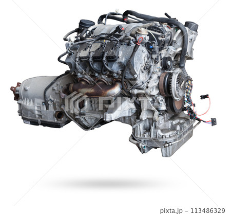engine with six or eight cylinders made of aluminum and metal during repair or replacement on a guarantee on a white isolated background. engine with six or eight cylinders made of aluminum and metal during repair or replacement on a guarantee on a white isolated background. 113486329