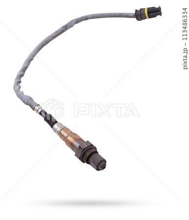 Lambda probe - oxygen sensor device designed to record tamount of remaining oxygen in the exhaust gas of car engine is located in exhaust system. Metal spare part for replacement to repair in workshop 113486334