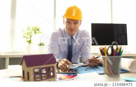 Confident Architect Designer Create Building Plan 113486475
