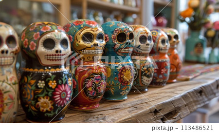 A row of colorful skulls sitting on a wooden shelf, AI 113486521