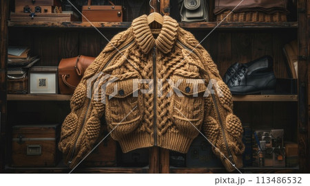 A jacket hanging on a rack in front of many shoes, AI 113486532