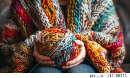 A person wrapped in a blanket holding up an orange ball, AI 113486533