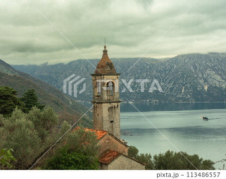 View of Gornji Stoliv village and church of Sv. Ilija Montenegro Kotor municipality 113486557