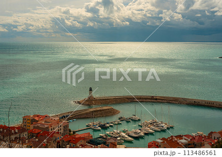 The beautiful aerial view with yachts on Lustica bay Montenegro 113486561
