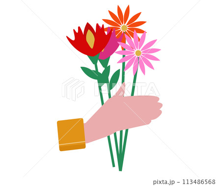 花を渡す手。花束のプレゼント。ベクターイラスト	 113486568