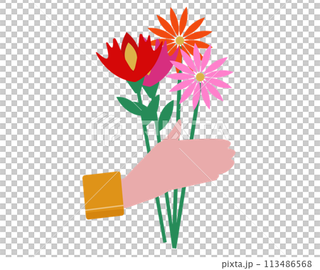 花を渡す手。花束のプレゼント。ベクターイラスト	 113486568