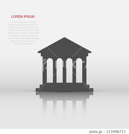 Bank building icon in flat style. Government architecture vector illustration on white isolated background. Museum exterior business concept. 113486711