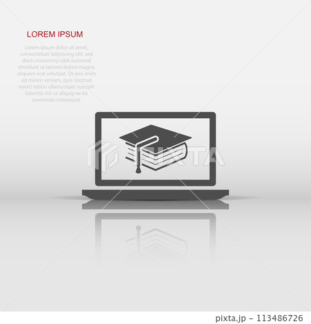 Elearning education icon in flat style. Study vector illustration on white isolated background. Laptop computer online training business concept. Elearning education icon in flat style. Study vector illustration on white isolated background. Laptop computer online training business concept. 113486726