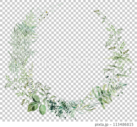 Round frame with Watercolor fern twigs with green leaves isolated illustration, botanical wedding 113486815