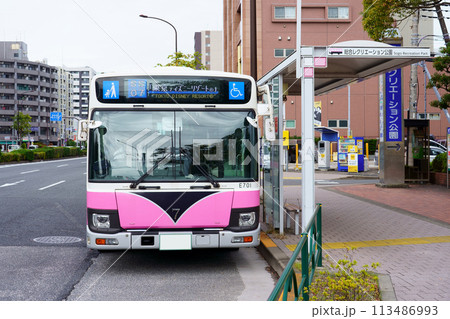 バス停に停車する環七シャトルバス「シャトル☆セブン」の前面アップ(いすゞエルガ) バス停に停車する環七シャトルバス「シャトル☆セブン」の前面アップ(いすゞエルガ) 113486993
