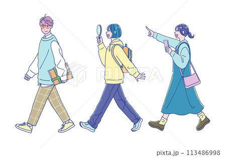 何かを探しながら歩くアニメ風の男女 何かを探しながら歩くアニメ風の男女 113486998