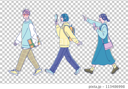 何かを探しながら歩くアニメ風の男女 何かを探しながら歩くアニメ風の男女 113486998