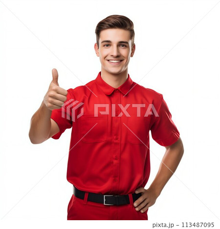 Cheerful Male Employee in Red Uniform Giving Thumbs Up, Isolated on White. Generative ai 113487095
