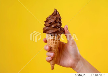 Hand Holding a Melting Chocolate Ice Cream Cone. Generative ai 113487096