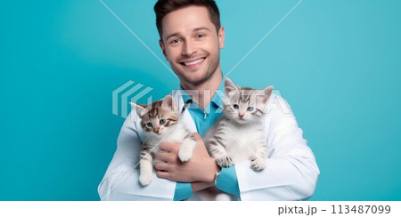 Veterinarian with Playful Kittens. Generative ai 113487099