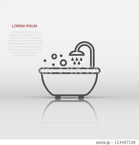 Bath shower icon in flat style. Bathroom hygiene vector illustration on white background. Bath spa business concept. 113487136
