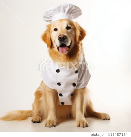 Canine Culinary Charm: Golden Retriever in Chef Costume Isolated on White. Generative ai 113487184