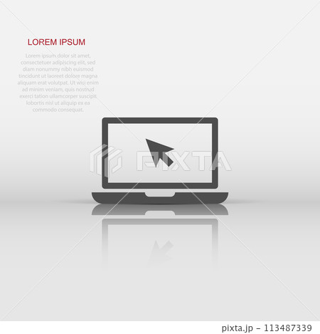 Laptop notebook with mouse cursor vector icon in flat style. Laptop screen on white isolated background. Computer monitor concept. 113487339