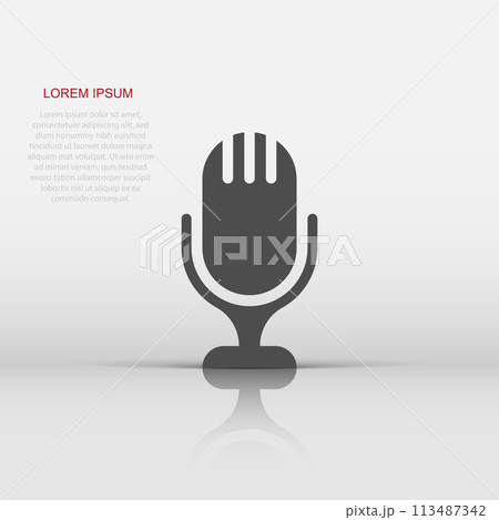 Microphone icon in flat style. Mic broadcast vector illustration on white isolated background. Microphone mike speech business concept. 113487342