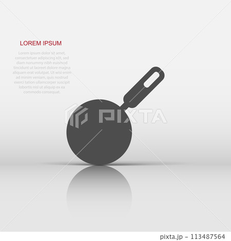 Frying pan icon in flat style. Cooking pan illustration on white isolated background. Skillet kitchen equipment business concept. 113487564