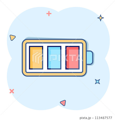Battery charge icon in comic style. Power level cartoon vector illustration on white isolated background. Lithium accumulator splash effect business concept. 113487577