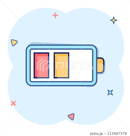 Battery charge icon in comic style. Power level cartoon vector illustration on white isolated background. Lithium accumulator splash effect business concept. 113487579
