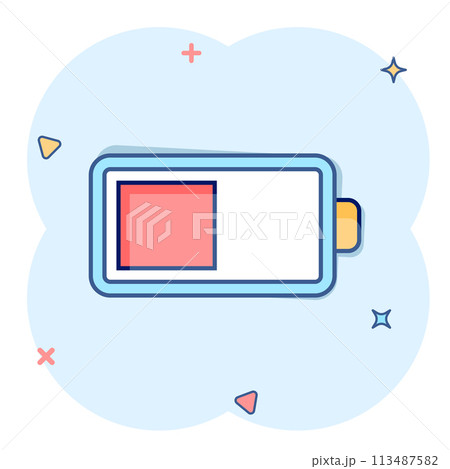Battery charge icon in comic style. Power level cartoon vector illustration on white isolated background. Lithium accumulator splash effect business concept. 113487582