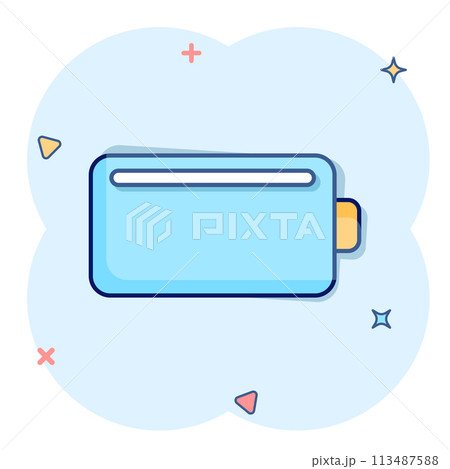 Battery charge icon in comic style. Power level cartoon vector illustration on white isolated background. Lithium accumulator splash effect business concept. Battery charge icon in comic style. Power level cartoon vector illustration on white isolated background. Lithium accumulator splash effect business concept. 113487588