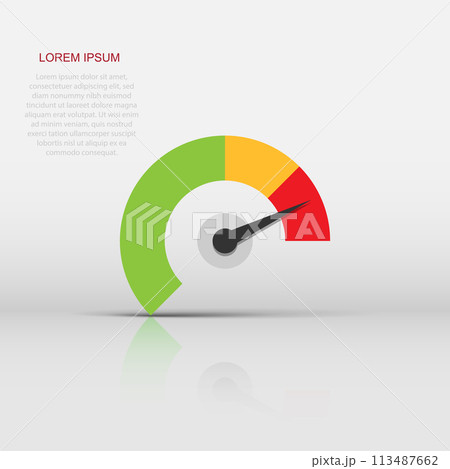Meter dashboard icon in flat style. Credit score indicator level vector illustration on white isolated background. Gauges with measure scale business concept. Meter dashboard icon in flat style. Credit score indicator level vector illustration on white isolated background. Gauges with measure scale business concept. 113487662