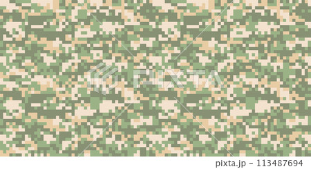 ピクセルでできた迷彩パターン　背景素材 113487694