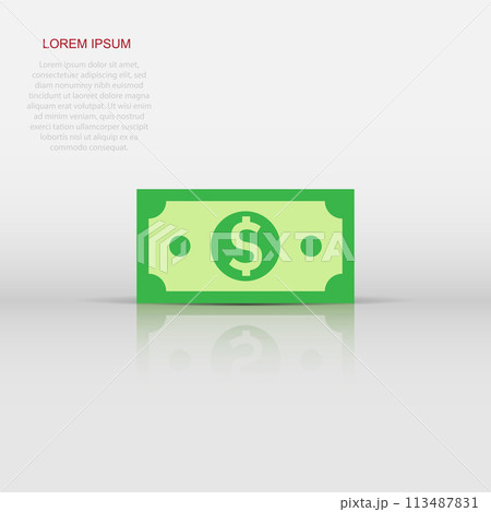 Dollar currency banknote icon in flat style. Dollar cash vector illustration on white isolated background. Banknote bill business concept. 113487831