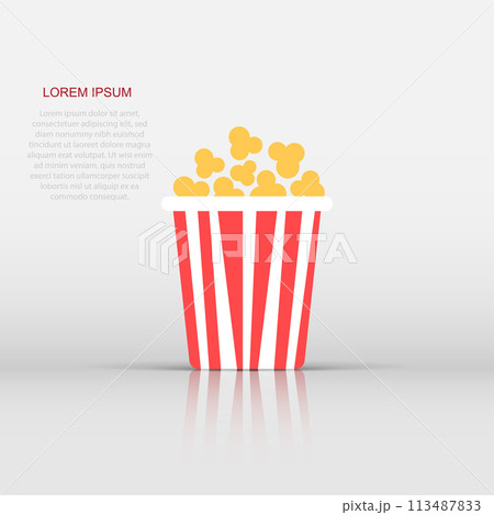 Popcorn vector icon in flat style. Cinema food illustration on isolated background. Popcorn sign concept. 113487833