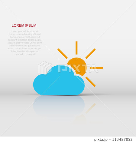 Weather forecast icon in flat style. Sun with clouds illustration on white isolated background. Forecast sign concept. Weather forecast icon in flat style. Sun with clouds illustration on white isolated background. Forecast sign concept. 113487852