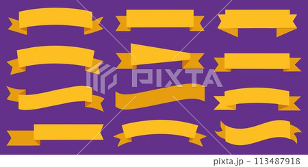Awesome lovely ribbon, banner or tag vector art set. Flat gold color. 113487918